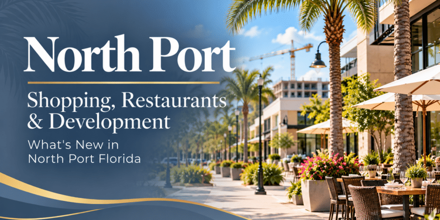Graphic highlighting new shopping, restaurants, and development in North Port, Florida.