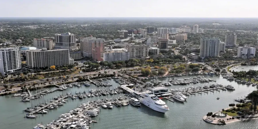 Aerial view of Downtown Sarasota, Marina Jack, and Sarasota Bay in Florida