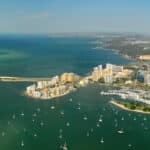 Aerial view of Downtown Sarasota, Sarasota Bay, and the Ringling Bridge in Sarasota, Florida.