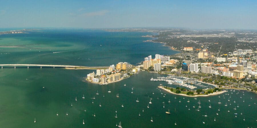 Aerial view of Downtown Sarasota, Sarasota Bay, and the Ringling Bridge in Sarasota, Florida.